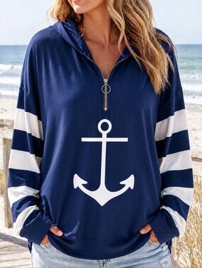 Nautical Anchor Hoodie Navy Blue Oversized Pullover Striped  Coastal Preppy